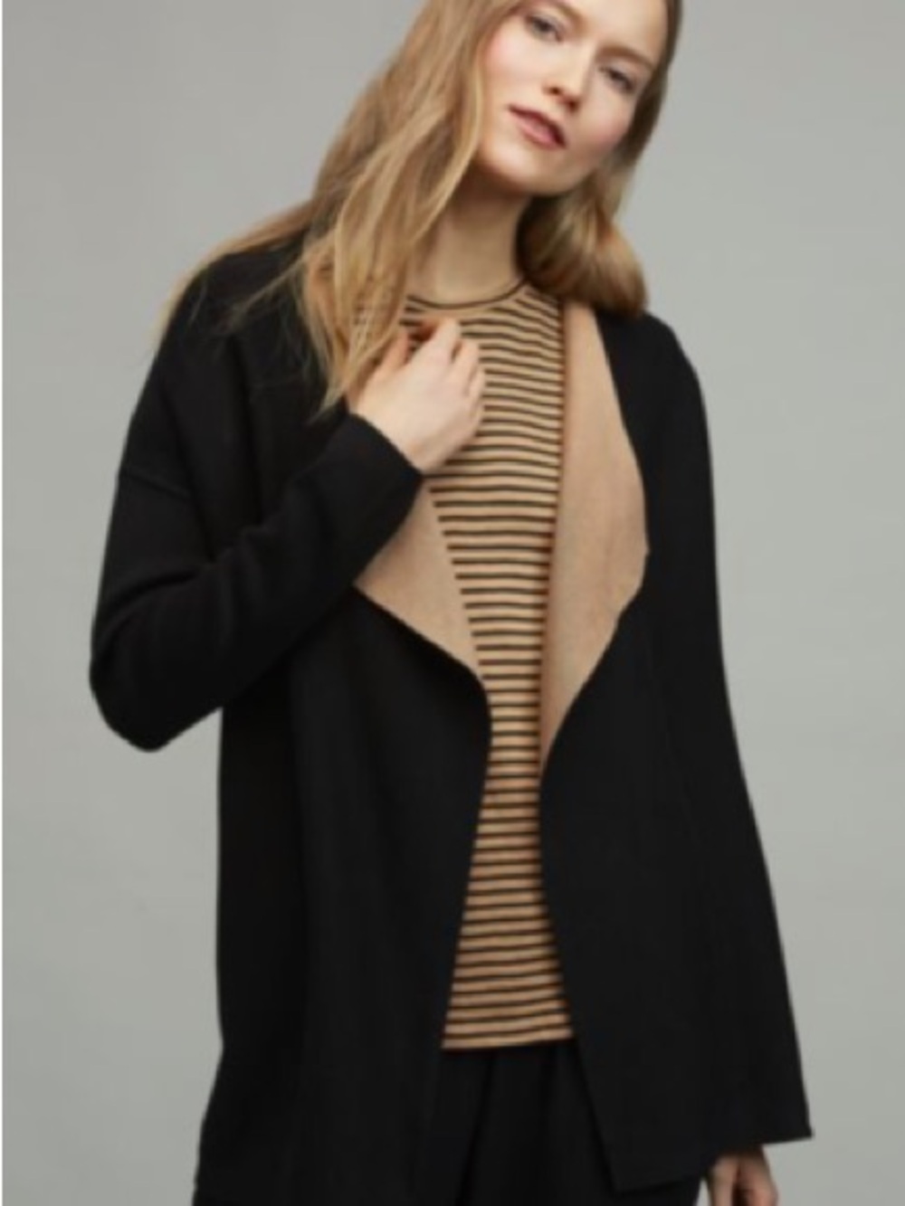 Eileen Fisher Silk & Organic Cotton Cascading Cardigan, Black/Clay